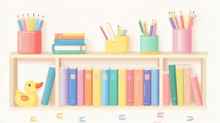 Fototapeta premium Colorful books, pencils, and toys on a shelf. Classroom background. Educational resource