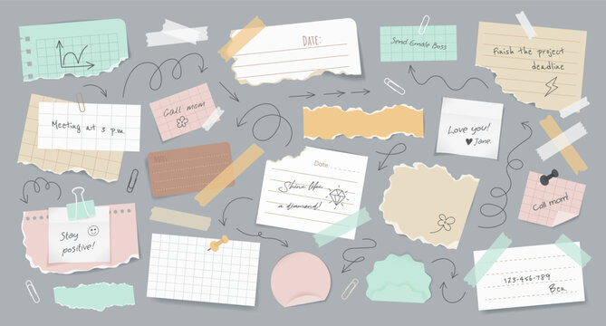 Set of realistic torn paper notes, stickers, to do list, duct tapes, paper clips, doodle elements and arrows. Isolated multicolored sticky papers, reminders for mood boards, scrapbooking on background