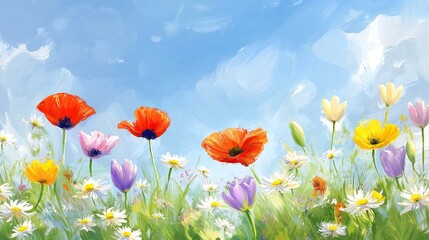 Fototapeta premium Spring flowers blooming in Painting style.