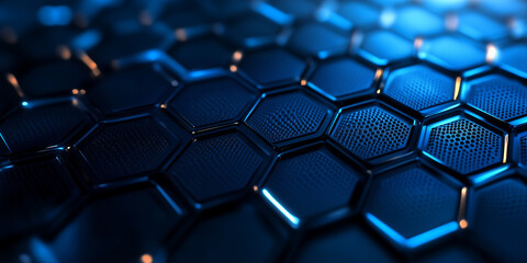 Obraz premium modern abstract wide hexagonal honeycomb pattern in blue black illumination. computer digital technology and futuristic concept