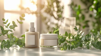 Luxury skincare flatlay in natural light