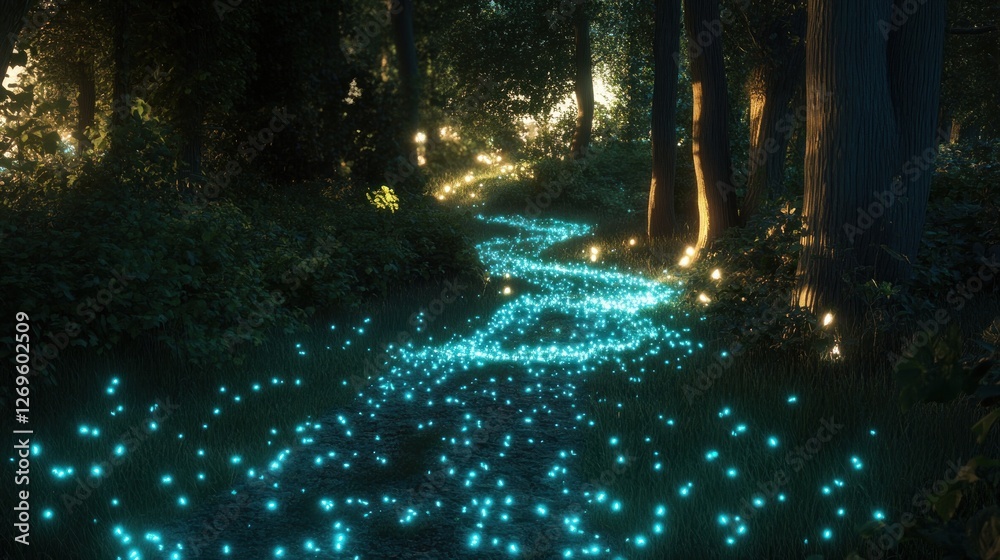 Poster magical forest path illuminated with glowing blue orbs