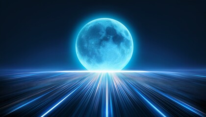 abstract neon blue light trails in the dark on moon retro background motion blur effect on futuristic with floor wall metal texture soft tech diagonal background