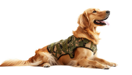Military-themed dog fashion studio setting image with transparent background playful canine pet
