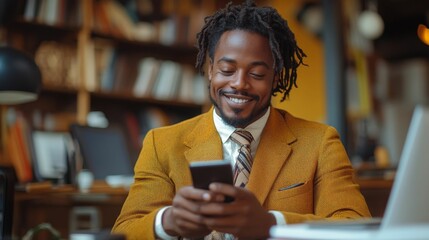 cheerful smiling african american man 25-30 years old in jacket sitting at desk in office using phone in front of laptop