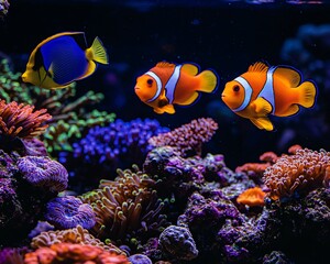Obraz premium Vibrant clownfish and angelfish swim amid colorful coral reef.