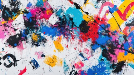 Obraz premium Vibrant Abstract Cityscape Mural, Urban Wall, Graffiti Art, Street Environment, Edgy Viewpoint, Expressive Concept