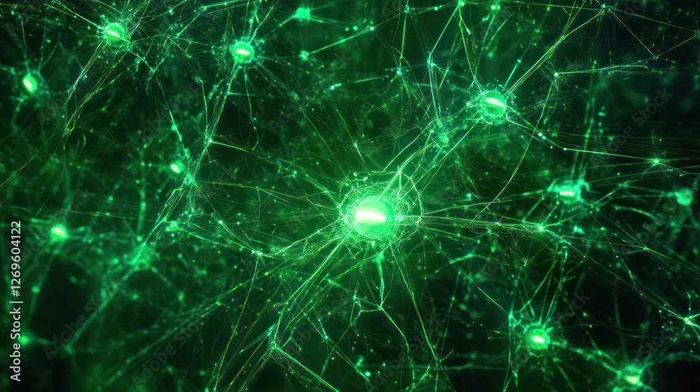 Poster Glowing green neurons and neural networks connecting in a system