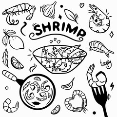 Shrimp in doodle style drawn with black line: shrimp in plate, heart shape, lemon, garlic, sushi, lettering
