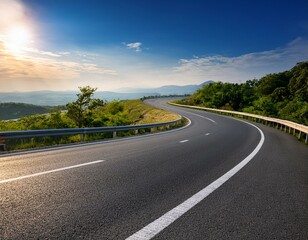 Winding road. Traveling along a curved highway. Background of the road to the horizon in perspective. Curvy asphalt empty line
