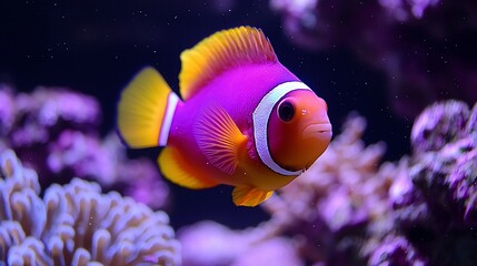 Vibrant pink and orange Ocellaris clownfish swimming amidst purple coral.