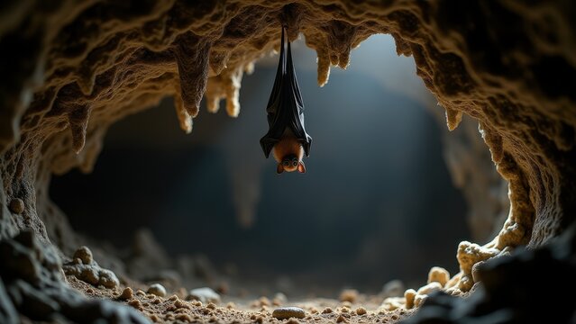 Hibernating bat, Photorealistic cave with a bat hanging upside down amidst stalactites and stalagmites