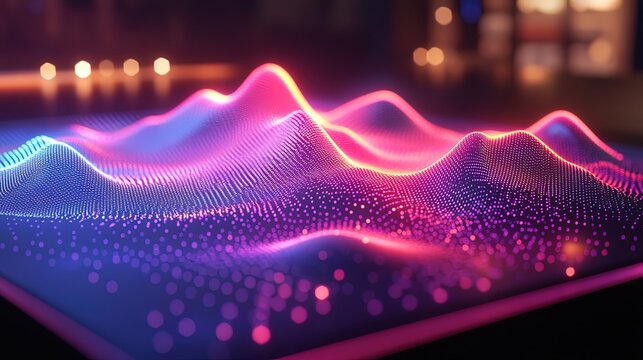 A holographic representation of a scatterplot chart glowing with trend data, precise and modern 