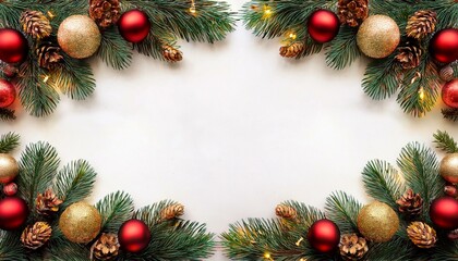 festive christmas themed border frame made of pine branches with red gold baubles pine cones christmas lights white background menu design for holiday dinner party gift voucher template concept