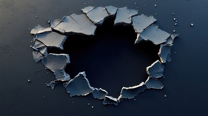 Cracked Wall Hole with Broken Edges on Dark Background for Visual Effects