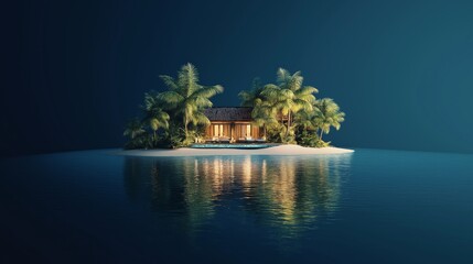 Obraz premium Luxurious tropical villa surrounded by calm waters at night