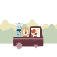 Naklejka premium family animals doing traveling by car cabin editions