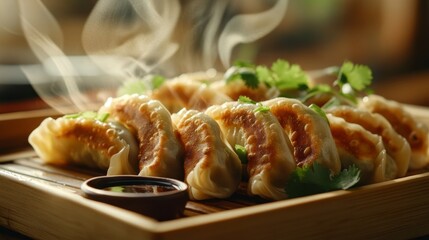 Obraz premium A close-up shot of steaming hot dumplings with golden, crispy bottoms, served with soy sauce and fresh cilantro on a traditional bamboo tray
