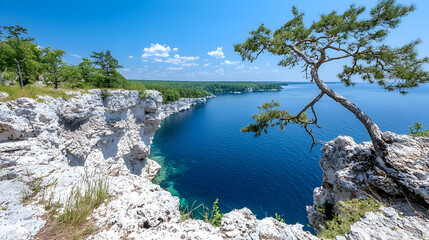 Scenic coastal cliffs, blue sea, pine tree, summer