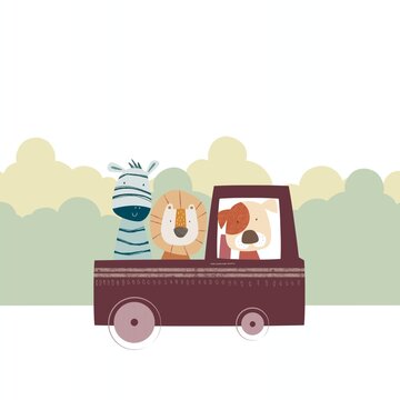 cute animals riding maroon truck clip art preview