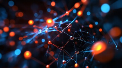 Interconnected glowing network of red and blue nodes in dark space