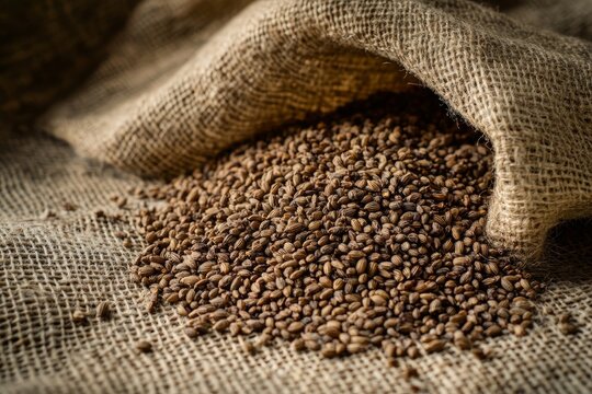 pile of celery seeds on rustic burlap cloth, with emphasis on the interplay between the seed color and fabric texture