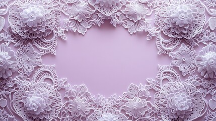 Intricate white lace patterns on a pale lavender background with gradient space for text