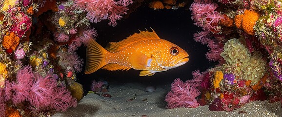 Orange fish in vibrant coral reef cave.