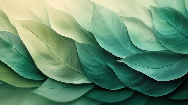 Layered abstract leaf patterns in bold teal and lime green shades create a vibrant visual experience for design and decor