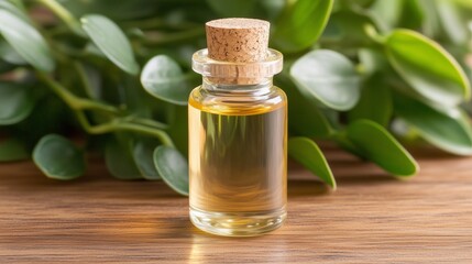 Small glass bottle of ylang-ylang essential oil placed on a wooden surface with green leaves