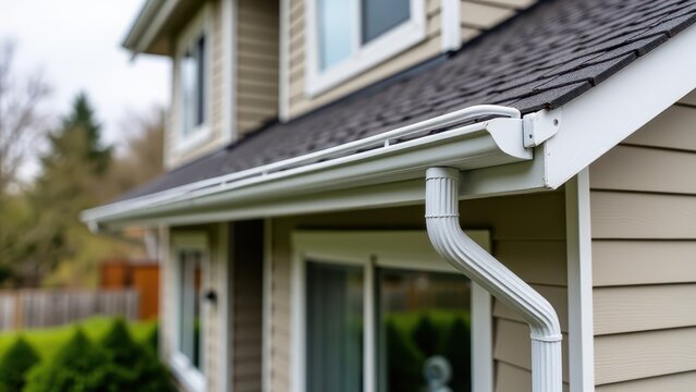 Home gutter system, Townhouse with a new seamless stainless steel gutter modern