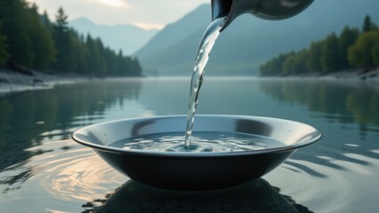 sacred water is poured into a bowl, embodying Buddhist rituals and the ritual of consecration (blessing)