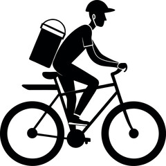 Obraz premium Delivery Worker on Bicycle Black Silhouette – Minimalist Vector Illustration of a Courier Cycling with a Backpack, Representing Fast Urban Logistics, Food Delivery, Eco-Friendly Transport, and E-Comme