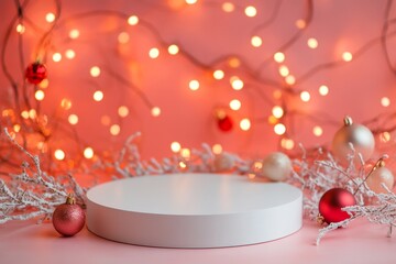 Christmas display podium, festive lights, winter decor, pink background