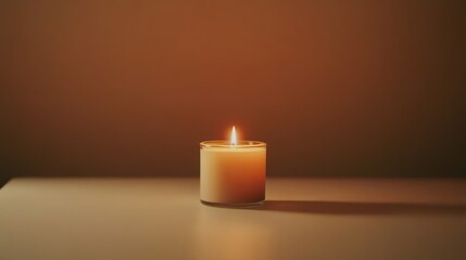 Lit Candle on Table, Warm Hues, Minimalist