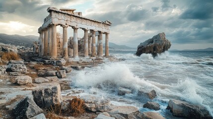 Obraz premium Ancient Temple Coast Storm Dramatic Waves
