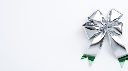 Gift wrapping action with silver bow minimalist background decorative content celebratory environment close-up view