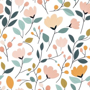 Nahtloses florales Muster mit Bl&auml;ttern und Bl&uuml;ten in sanften Pastellfarben, Seamless floral pattern with leaves and blossoms in soft pastel colors