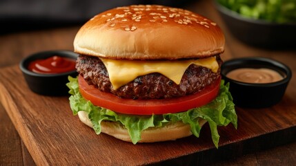 A classic gourmet beef burger with lettuce, tomato, and cheddar cheese, presented on a wooden serving board with dipping sauces