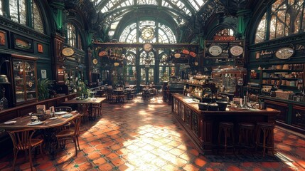 Elegant Victorian pub interior, sunlight streams, tiled floor, background greenery, perfect for restaurant or pub advertising