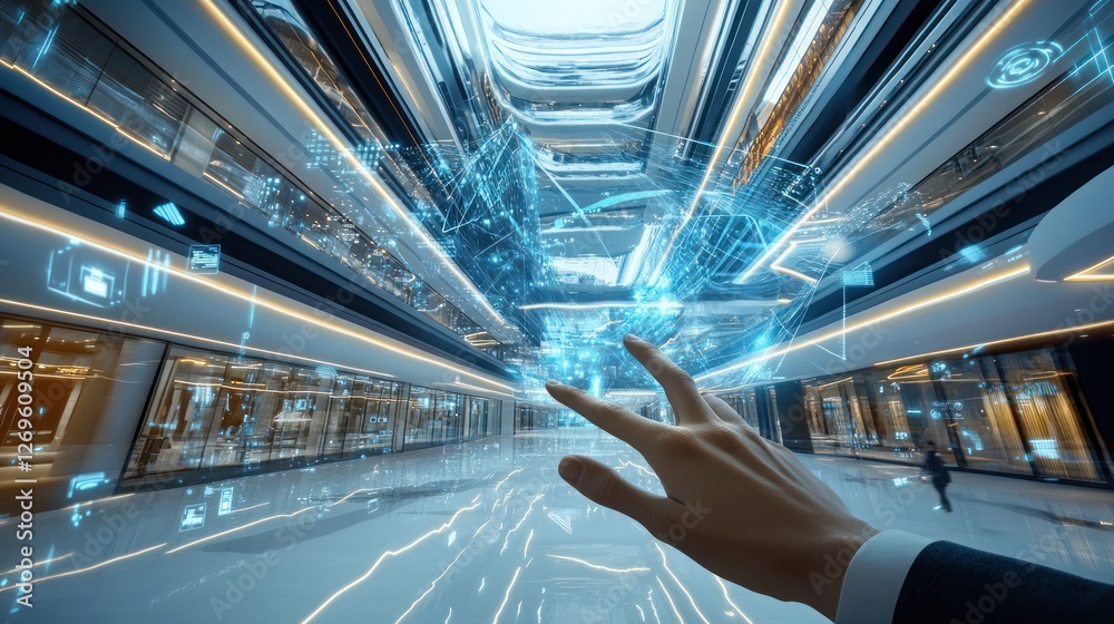 Poster Hand interacting with futuristic digital interface in modern building