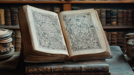 Obraz premium Open antique book displays ornate text and floral page designs