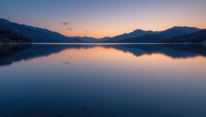 Fototapeta premium Peaceful lake at dusk, with still water reflecting the silhouette of nearby mountains and soft, warm hues of the sunset sky Generative AI