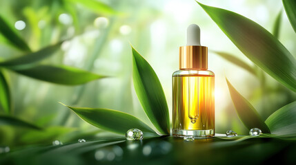 Luxurious serum bottle surrounded by green bamboo leaves and droplets