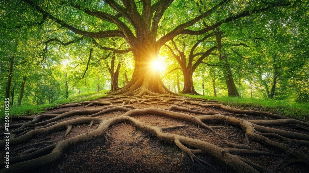 Poster majestic tree illuminated by sunlight with expansive root system