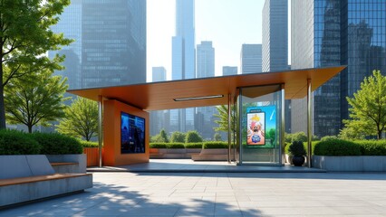 Information booth, Urban setting with skyscrapers in focus sleek info booth with digital screens plants and benches in foreground photorealistic.