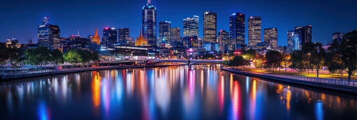 Obraz premium Melbourne City Skyline Night Reflections River