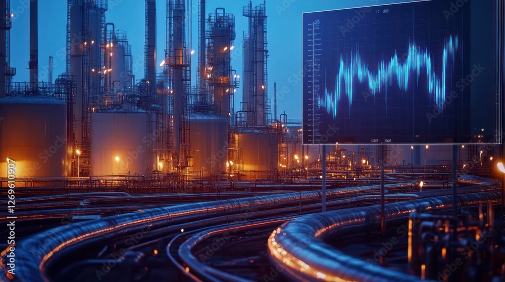 Aufkleber illuminated refinery complex at night showing stock market data