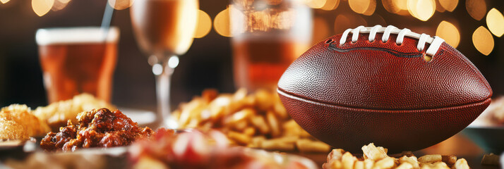 American football on a table with food and drink set up for a party, with a blurred background