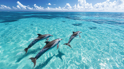 Obraz premium Aerial view of a pod of dolphins gracefully swimming in crystal clear ocean waters.